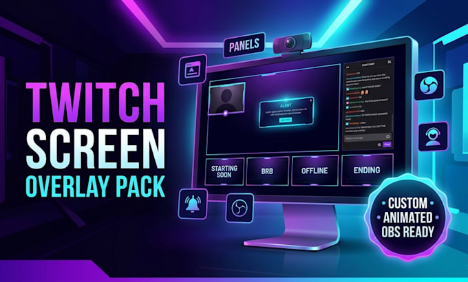 design twitch screen, animated overlay, panels and alerts
