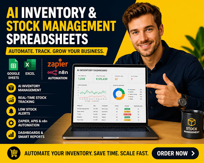 ai inventory, stock management spreadsheets using zapier, apis, n8n