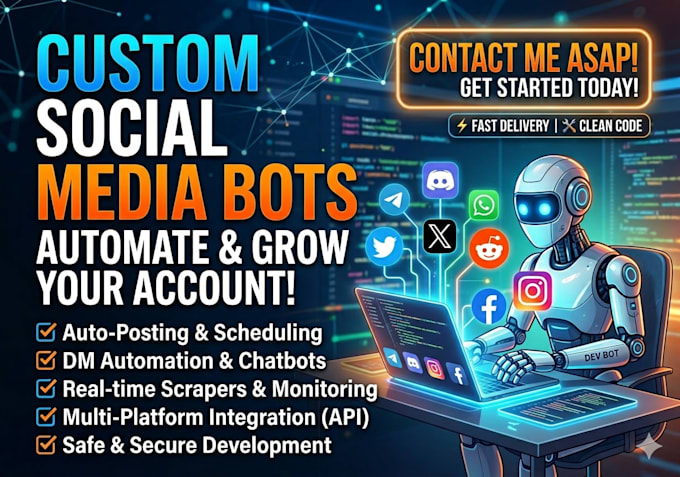 develop social media bot, tiktok bot, snapchat bot, facebook bot, x bot