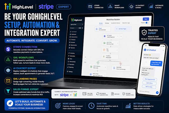 be your gohighlevel stripe connection, ghl workflow, ghl ai chatbot expert