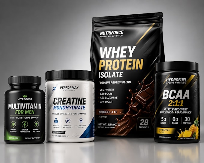 do supplement label, protein powder packaging, vitamin label and pouch design