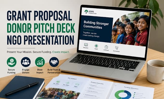 design grant proposal, ngo presentation, donor pitch deck powerpoint