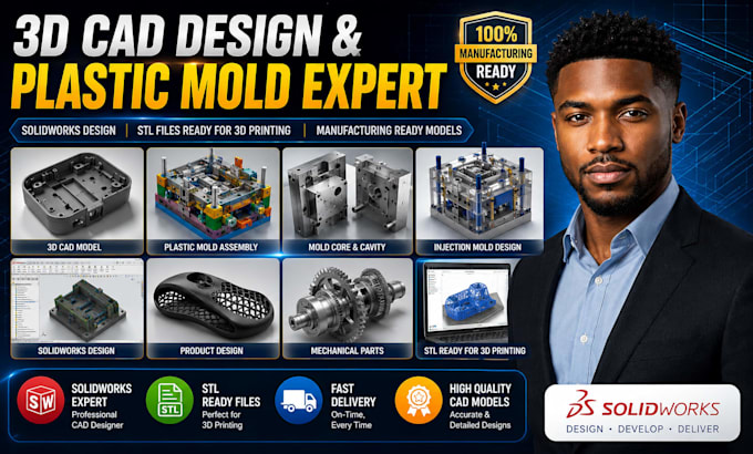 do 3d cad design, plastic mold design ready for printing stl using solidworks
