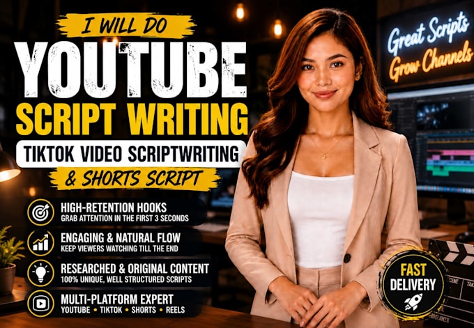 do youtube script writing, tiktok video scriptwriting, and shorts script