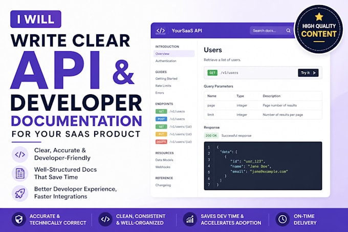write clear API documentation and developer guide for your saas product