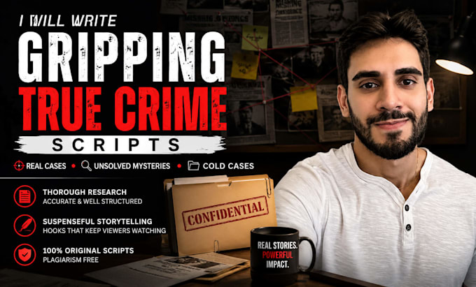 write gripping true crime scripts based on real cases and unsolved mysteries