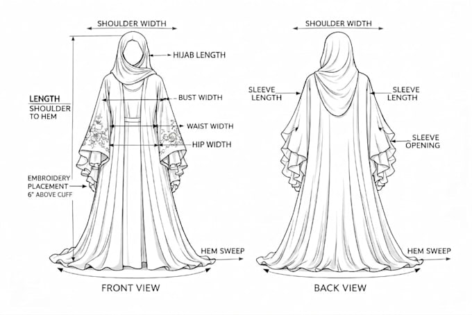 design professional abaya tech pack and garment sketch