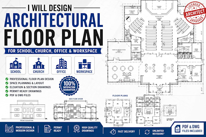design architectural floor plan for school, church, office and workspace