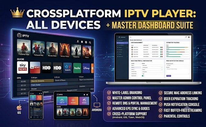 build crossplatform iptv player for android, ios, smart tv with admin panel