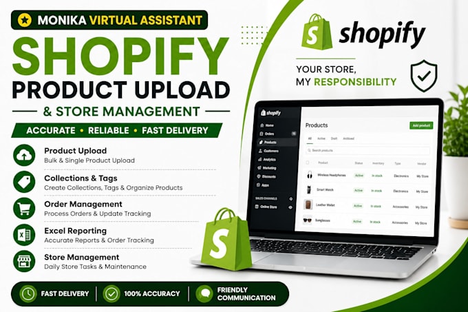 upload shopify products, manage collections, and orders