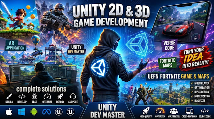 create VR oculus game, unity mobile game, ar app, uefn fortnite map, verse code