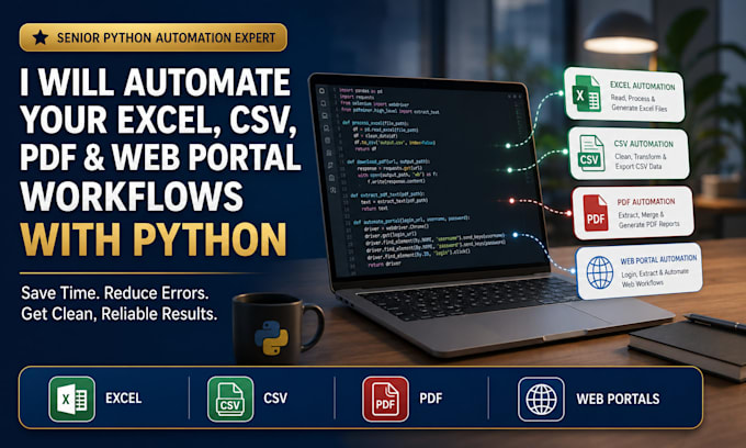 automate excel, CSV, PDF, or web workflows with python