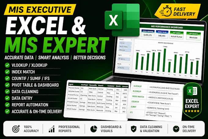 do excel data entry, dashboard, pivot table, and mis reports