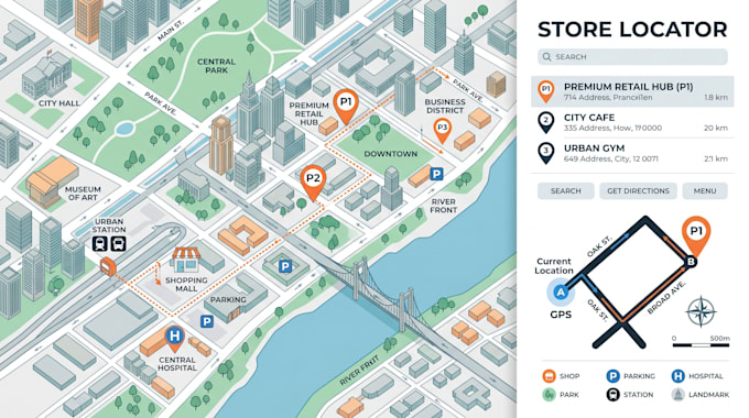 design location maps, business maps, navigation, city map and store locator maps