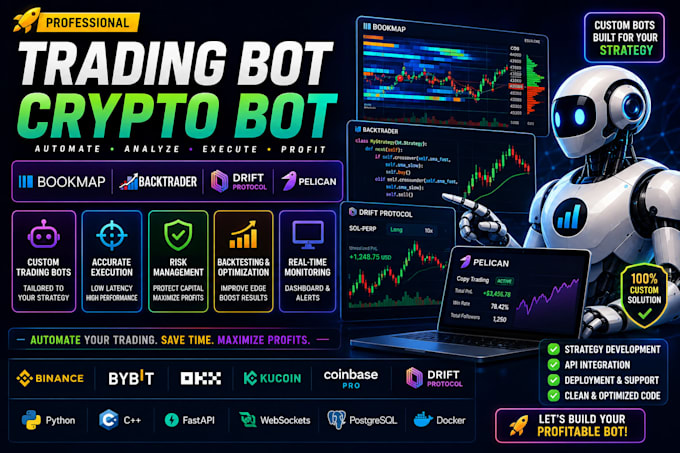 build crypto trading bot, backtrader bot, drift protocol bot, bookmap, pelican