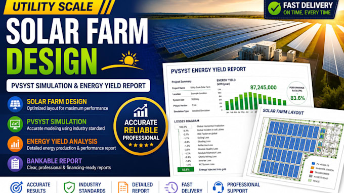 design solar farm, pvsyst simulation, energy yield report