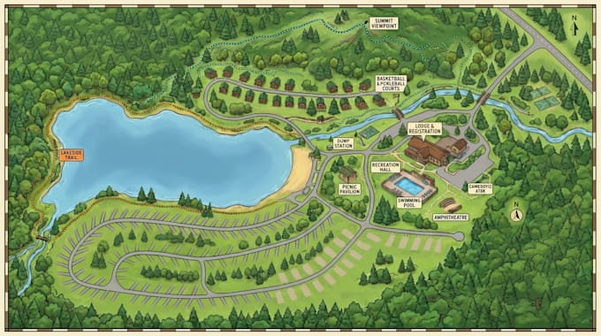 design campground map, lodge map, vacation map, site plan and illustrated map