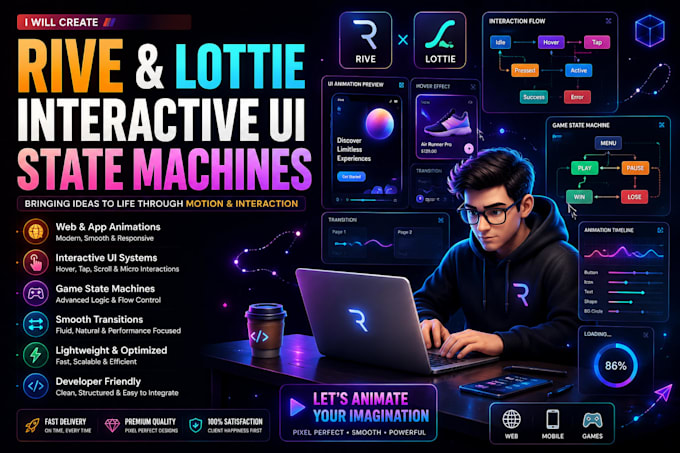 create rive lottie web animation interactive ui and game state machines