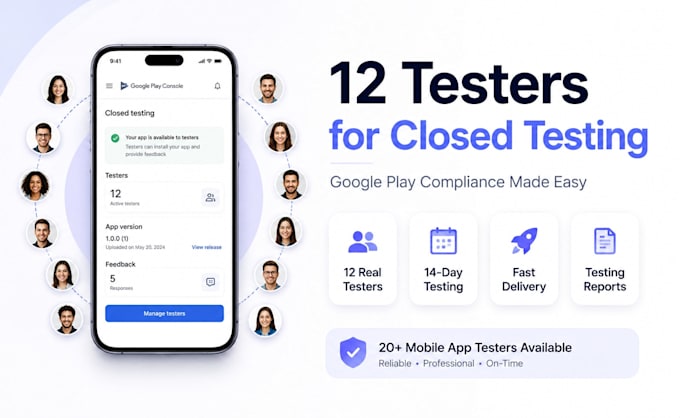 provide 12 testers closed testing 20 testers mobile app testing 12 testers