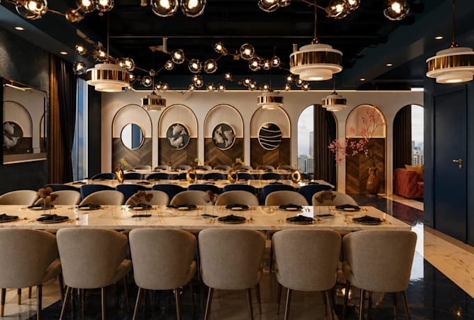 cgi profitable dining space,3d restaurant interior, lobby lounge render, skp bar