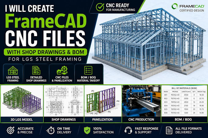 create framecad cnc files with shop drawings and bom for lgs framing