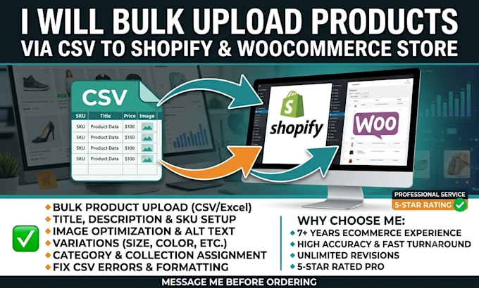 bulk upload products via CSV to shopify and woocommerce store