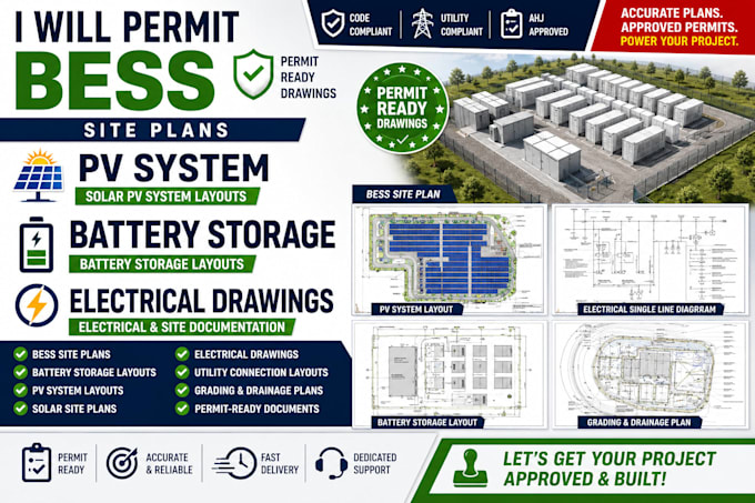 permit bess site plans, pv system, battery storage layout and electrical drawing