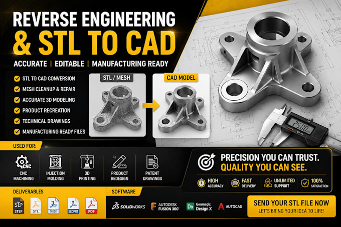 do reverse engineering stl to cad and 3d modeling ready for manufacturing