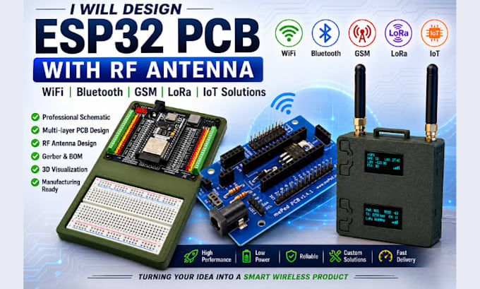 create esp32 pcb with rf antenna for wifi, bluetooth, GSM, gps and lora devices