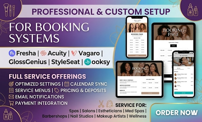 setup fresha, acuity scheduling, vagaro, gloss genius or booksy booking system