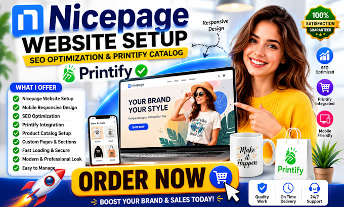 set up nicepage website seo optimization print on demand printify catalog
