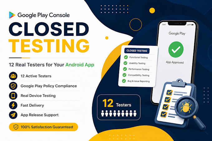 provide 12 real testers for google play closed testing and android app testing