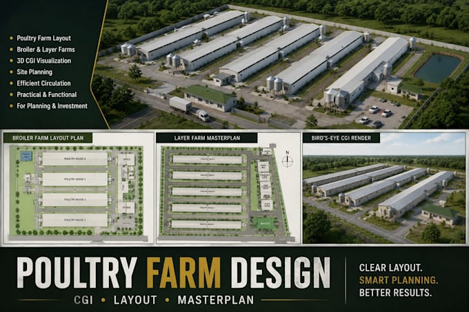 design cgi 3d poultry farm, poultry layout, chicken farm, broiler farm