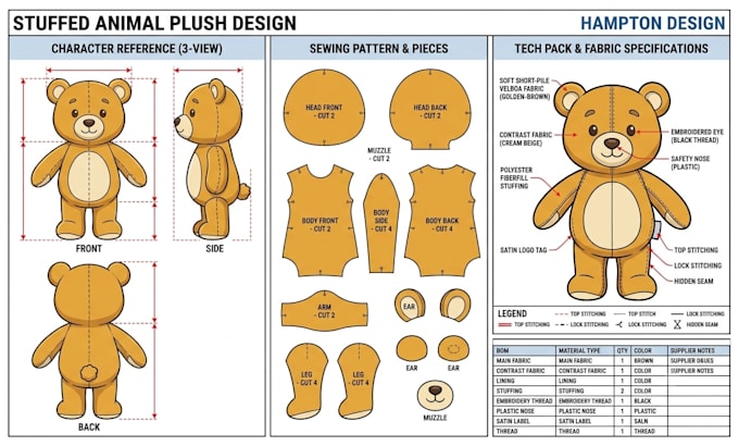 design stuffed animal reference sheet tech pack technical drawing kawaii plush