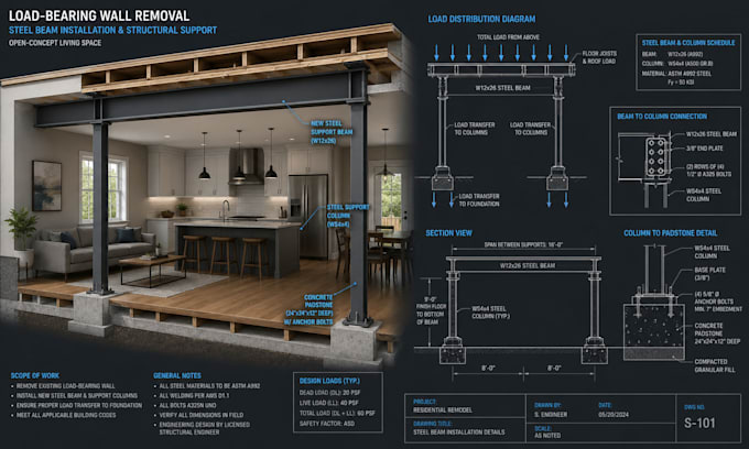 do structural steel beam calculations and load bearing wall removal design