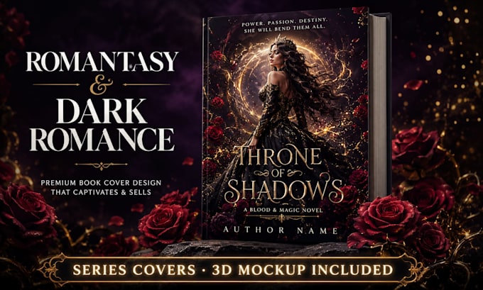 design a romantasy or dark romance book cover with 3d mockup