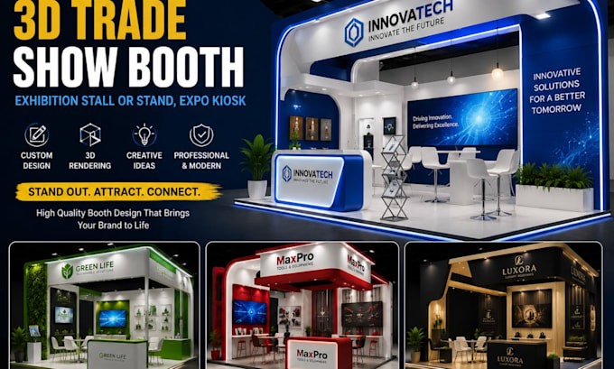 design 3d trade show booth, exhibition stall or stand, expo kiosk