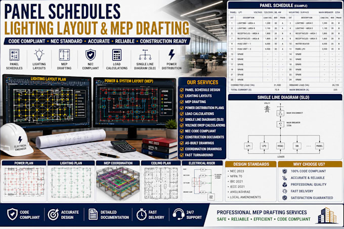 create panel schedules lighting layout mep drafting code compliant nec standard