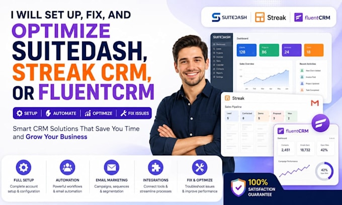 setup, fix and optimize suitedash, streak CRM, or fluentcrm