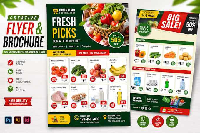 design creative flyer, brochure for supermarket or grocery store