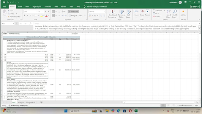 quantity takeoff, cost estimation, boq and rate analysis