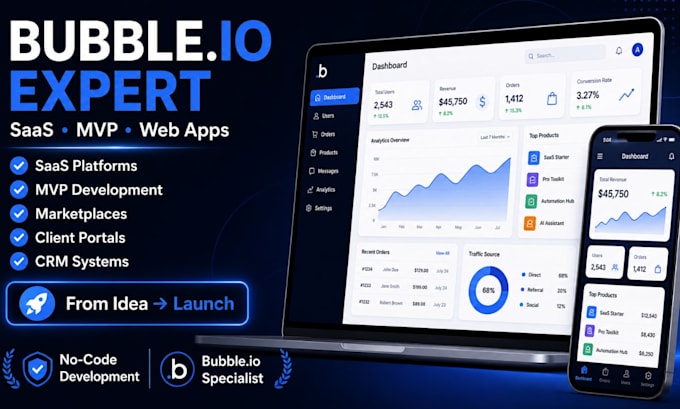 build bubble io website, web app developer for saas, mvp and no code development