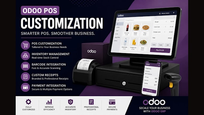 customize odoo pos, inventory, barcode, receipt and payment integration