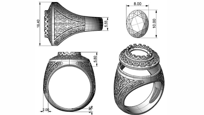 create watch, ring and jewelry technical drawings for cad and manufacturing