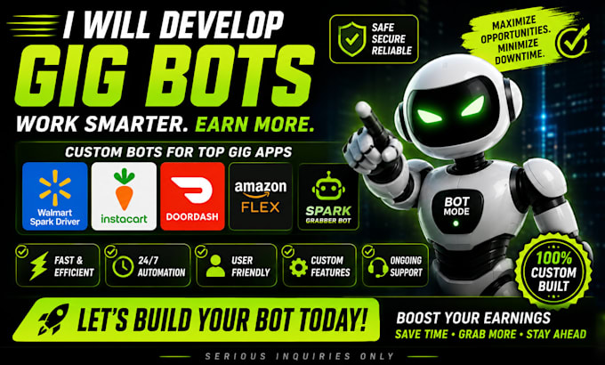 develop spark driver bot, instacart, doordash, amazon flex, spark grabber bot