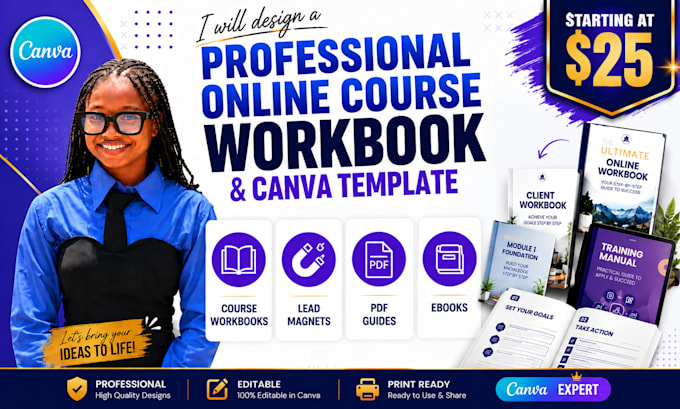 design a professional online course workbook and canva template