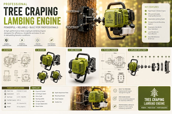 design a expert tree scraping engine product design, delivering precise 3d model