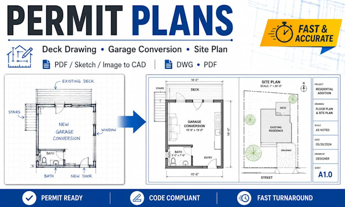 draw permit plans, deck permit drawing, garage conversion permit plan, site plan