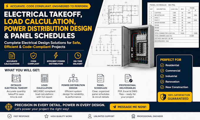 provide electrical takeoff, load calculation, power distribution design