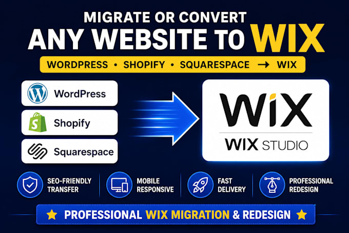 migrate or convert wordpress, shopify, sqaurespace, to wix website design